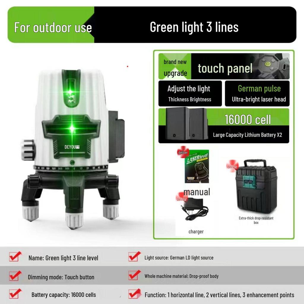 Germany Infrared High Precision Green/Blue Light Level with Remote Control, Automatic Leveling (2, 3, or 5 Lines)