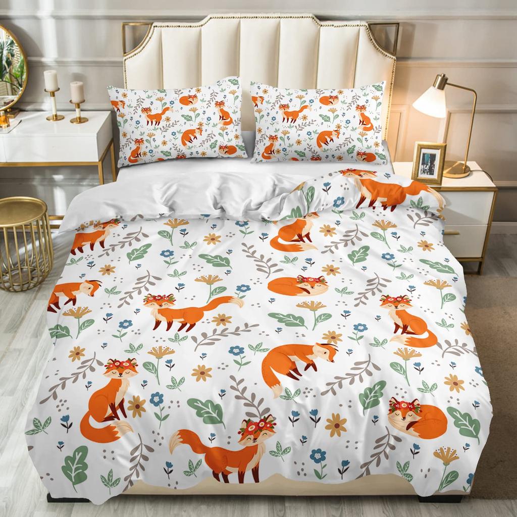 Fox Duvet Cover Set Animal Fox Bedding Set Full Size Cute Animal Pattern Printed Comforter Cover Sets For Kids Teenagers Adults