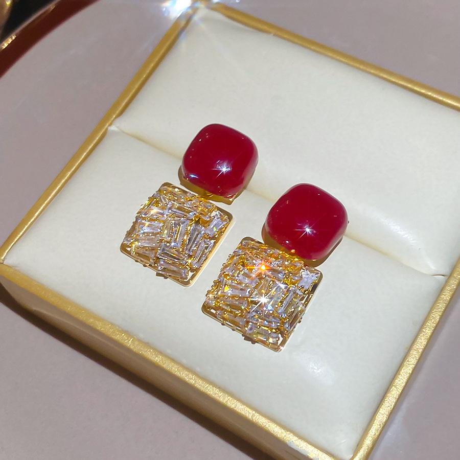 Silver needle Ankola red square zircon stud earrings autumn and winter retro niche temperament earrings light luxury earrings women