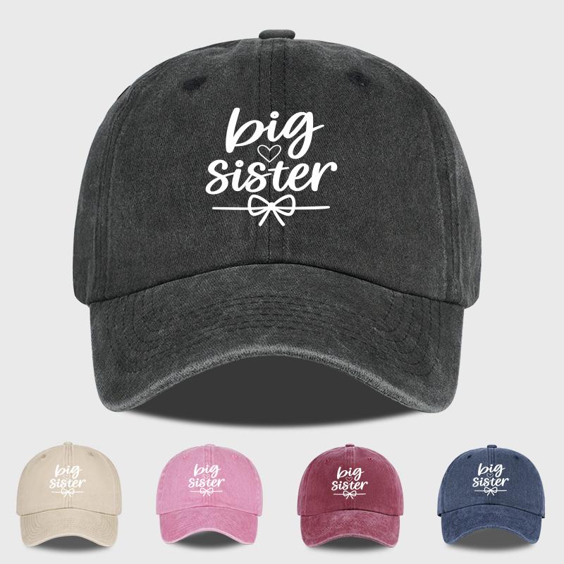 "Big Sister" Print Washed Baseball Cap Adjustable Unisex Cute Sibling Gift Hat