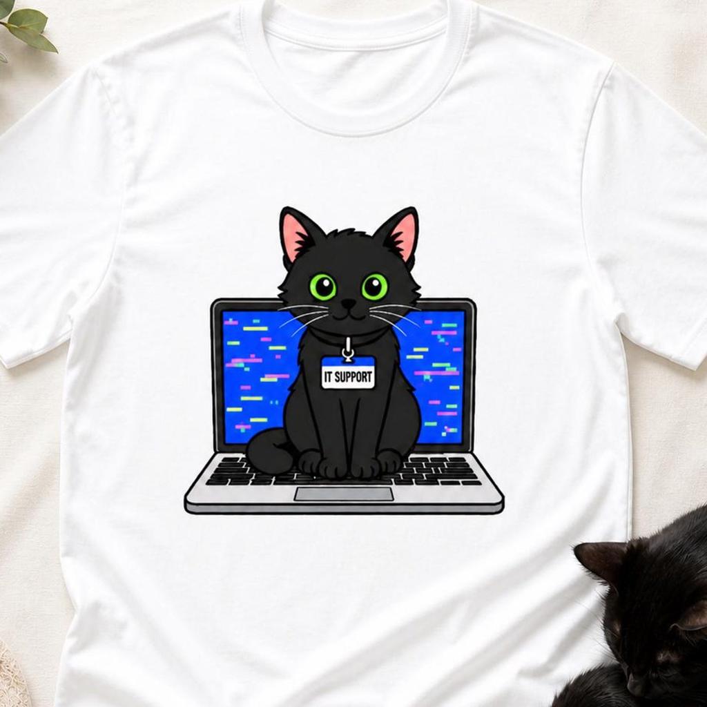 Funny IT Support Cat T-Shirt, Black Cat Laptop Tee, Cat Lover Gift, Tech Support Shirt, Programmer Gift, Developer Tee, Office Humour T-Shir
