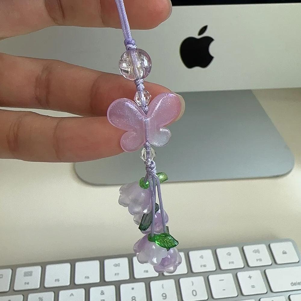 Fairy Style Butterfly Lily Bell Glass Beaded Phone Charm Handmade Aesthetic Vintage Style Lanyard Pendant for Girls