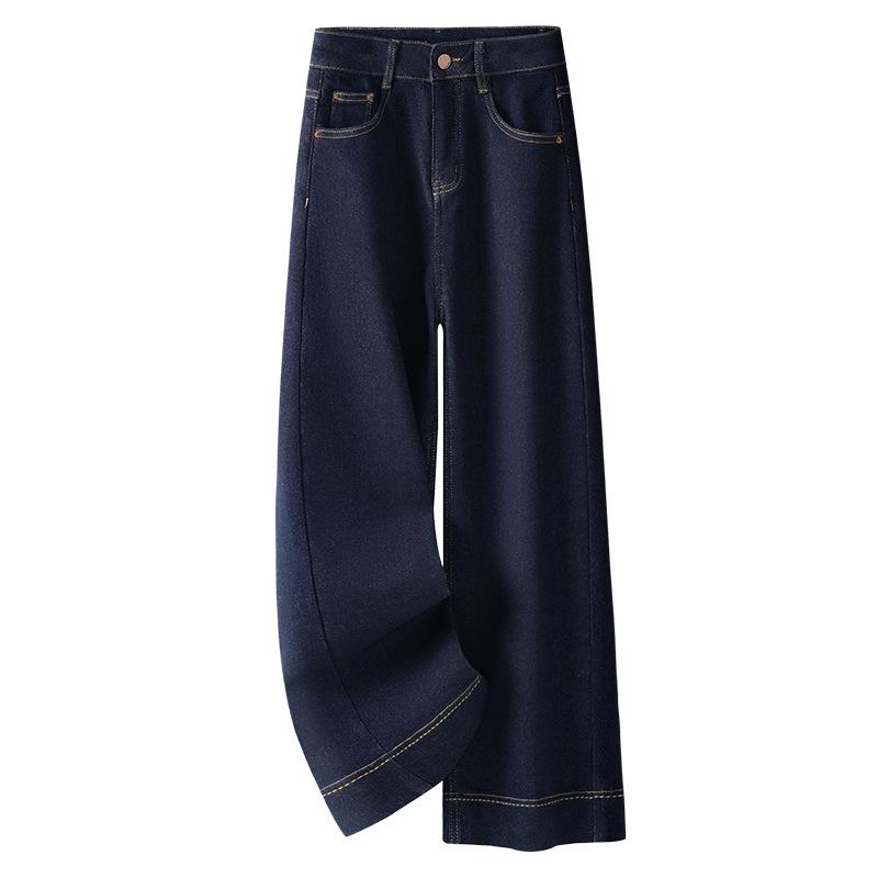 

Women s 2024 High-Waisted Blue Denim Wide-Leg Pants with Velvet Lining - Autumn/Winter Slimming Loose Fit L