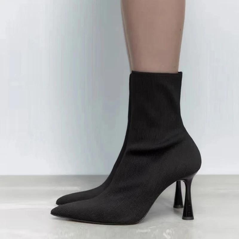 Designer Woman Black Knitting Stretch Fabric Sock Boots Elegant Pointed Toe Ankle Boot High Heels Party Prom Shoes Size 40
