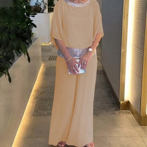 Satin Blouse And Wide Leg Pants Set With Sequin Embellishments For Casual Women
