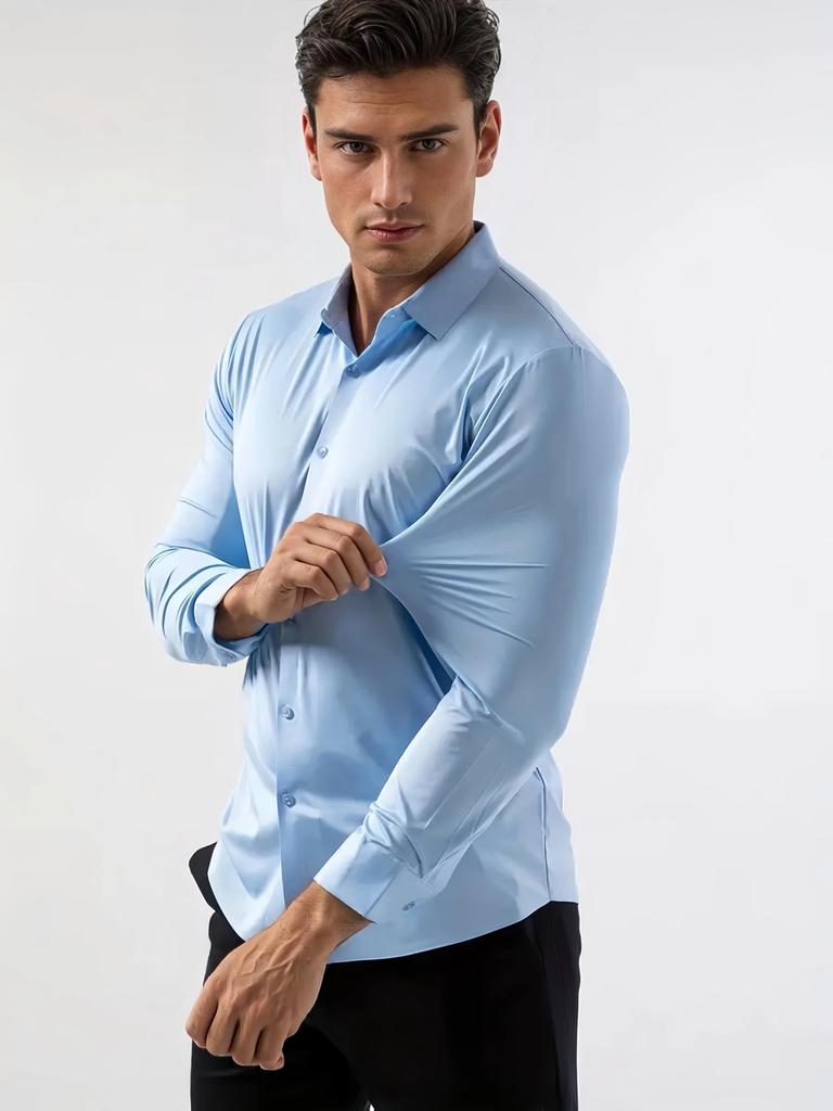 Men Long Sleeve Stretch Dress Shirt Slim Fit Solid Black Wrinkle Free Business Casual Top