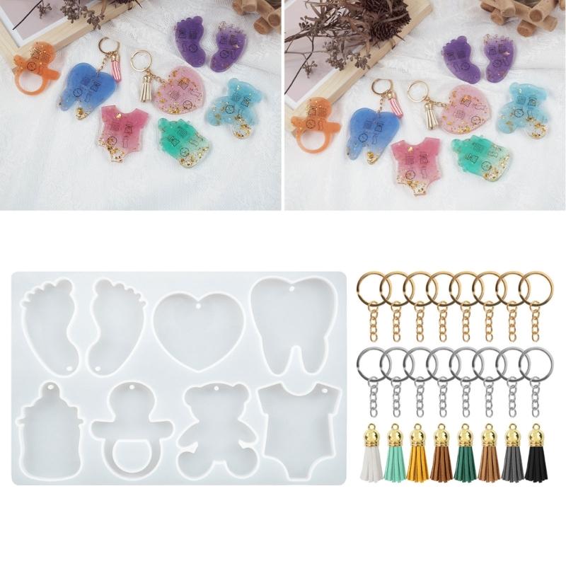 Cute Silicone Resin Keychain Mold Set Jewelry Pendant Casting Mold DIY Epoxy Keychain Mold with Keychain Rings Tassel
