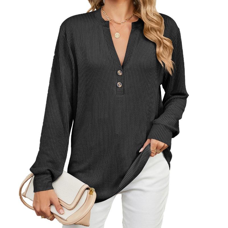 

Весенне-осенняя женская блузка на пуговицах с V-образным вырезом и длинными рукавами в полоску XXL черный серый