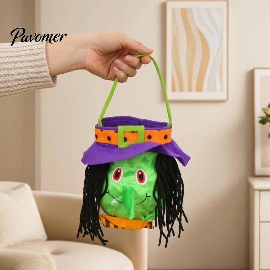 Halloween Costume Accessories Candy Bags for Kids, Trick or Treat Handbag with Handle, Spooky Durable Carrying Witch Ghost Black Cat Pumpkin