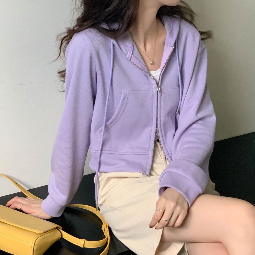 Women's Short Pink Cotton Hoodie Cardigan - Lightweight Spring/Summer Zipper Jacket