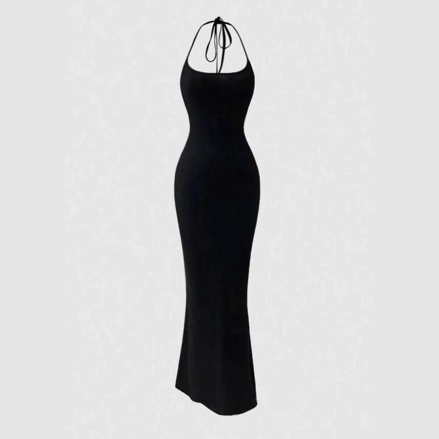 European and American Women's Clothing Sexy Neck Slim Dress High Waist Halter Strap Long Dress