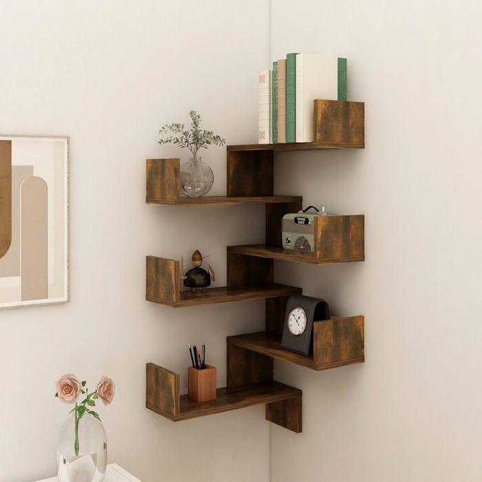 VidaXL 2x Floating Wall Corner Shelves Hanging Storage Furniture Bedroom Living Room Smoked Oak 815205