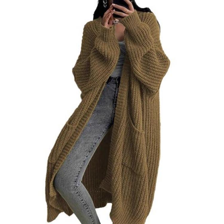 Fall Winter Women Knitted Coat Mid Length Long Cardigan Open Front Sweater with Pockets Outwear S хаки