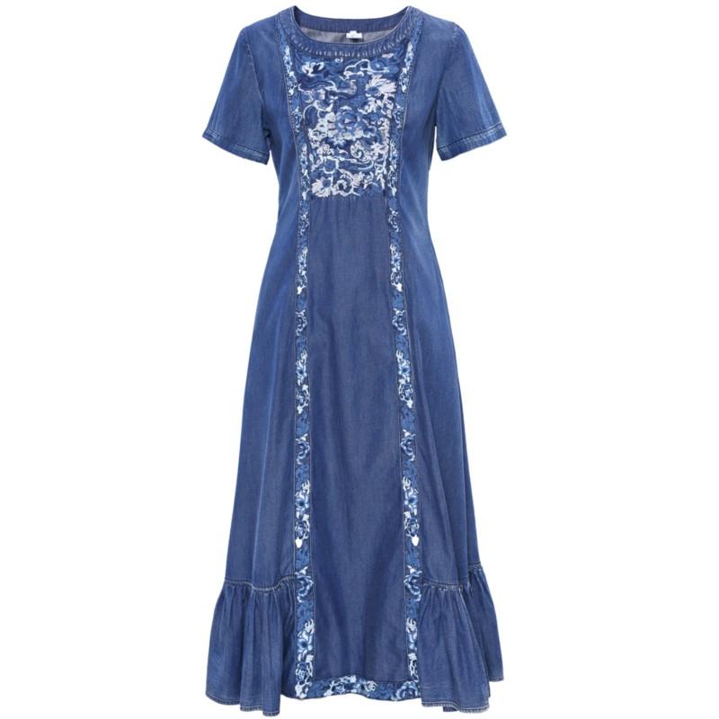 Johnature Woman Spring O-Neck Short Sleeves Cowboy Personality Dress Niche Embroidery Loose Retro Dress