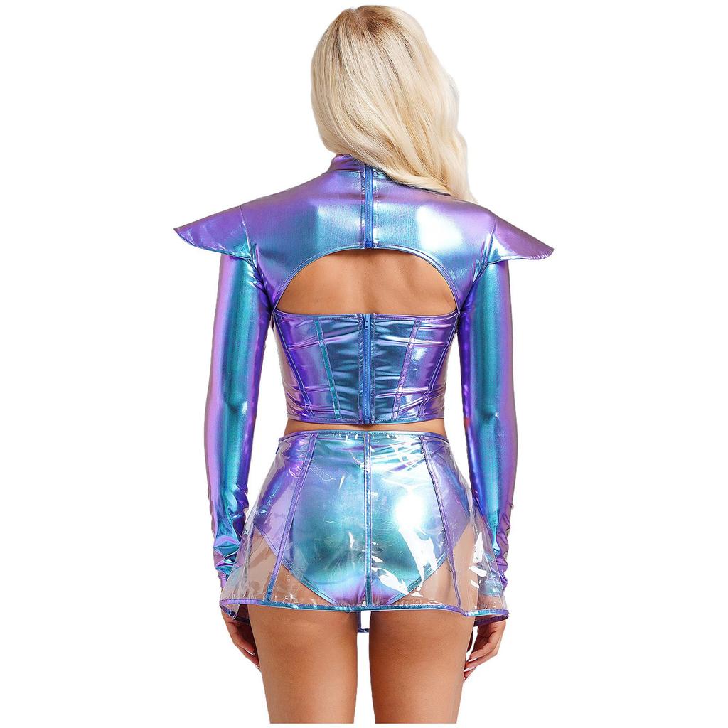 Womens Alien Costume Long Sleeve Hollow Out Cropper Top Transparent Skirt Space Themed Club Wear Outfit