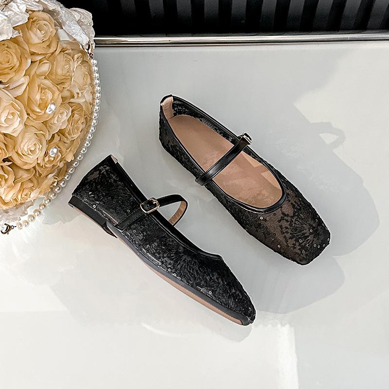 Women's Mesh Ballet Flats Comfortable Dressy Shoes With Ankle Strap Summer Square Closed Toe Mary Jane Shoes for Women Casual Non-Slip Mary Jane Flats