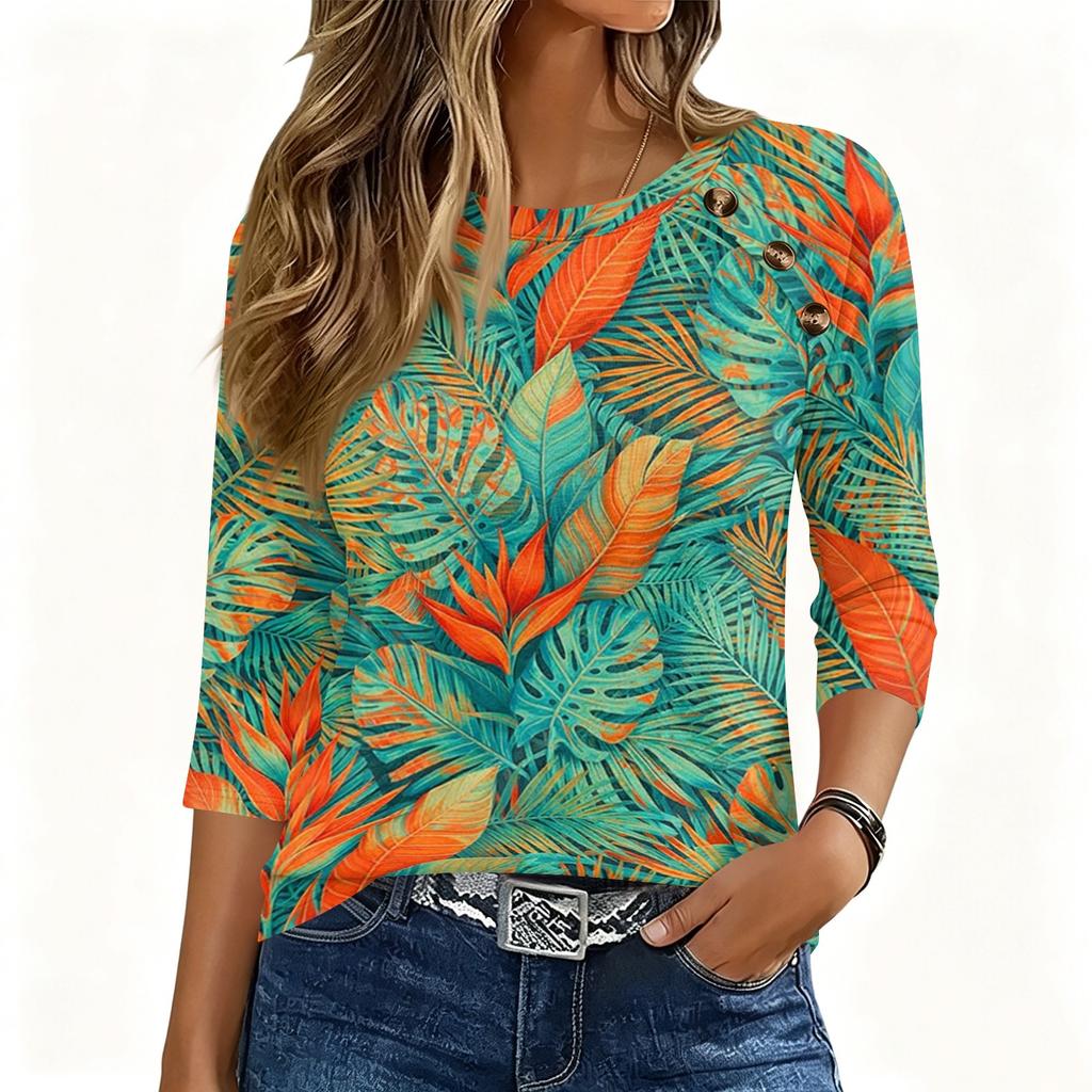 Damen 3/4 Ärmel Rundhals Knopfleiste Blumenmuster Oberteil Weicher Stoff Lässiger Lockerer Sitz T-Shirt für den Alltag