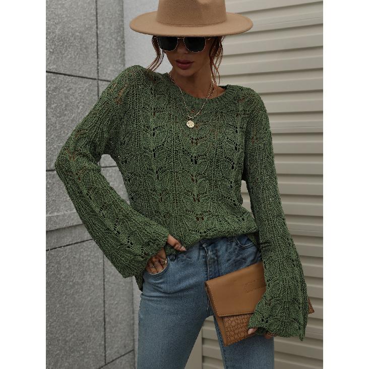 2024 Herbst und Winter Neu Gestrickter Europäischer und Amerikanischer Einfarbiger Hakenblumen Aushöhlpullover Rundhals Lockerer Pullover für Damen