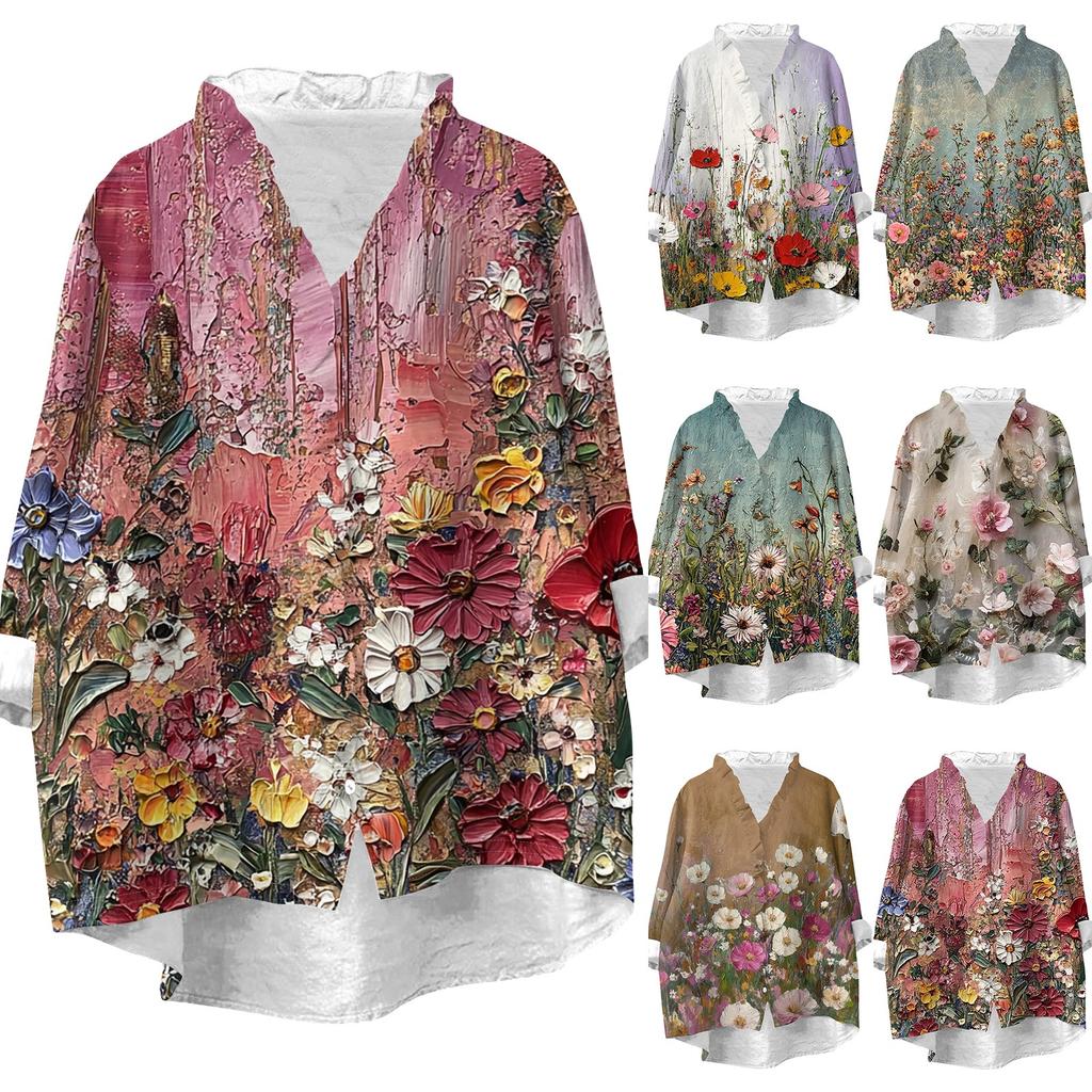 Women's Loose Ruffled Retro Floral Print Stand Collar Long Sleeve Cotton And Linen Top