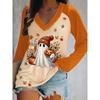 Halloween Pumpkin Ghost Print 3D Graphic Long Sleeve T-Shirt Casual V-Neck Top Polyester Breathable Women's Fashion Apparel