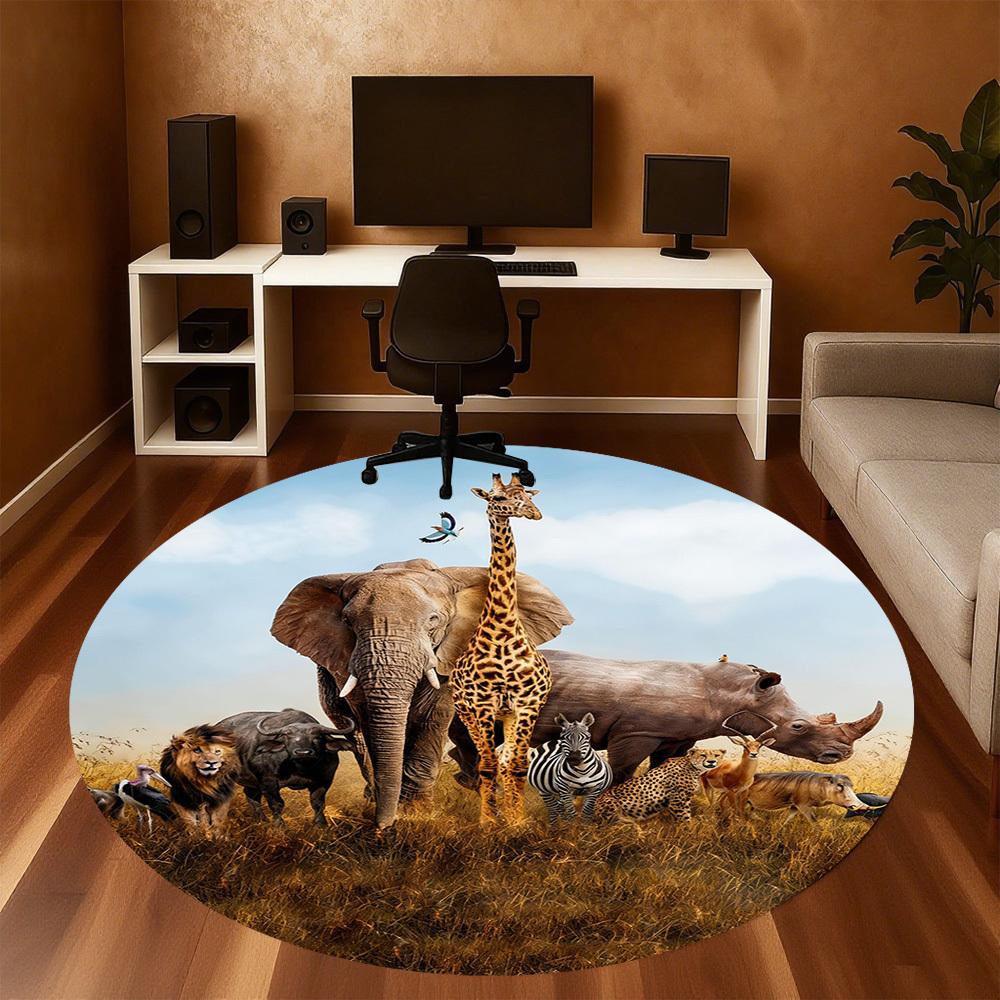 1pc African savannah animals Round Chair mat office Area Rug - Non-Slip, Floor Mat for Office, Bedroom, and Indoor Decor p127216