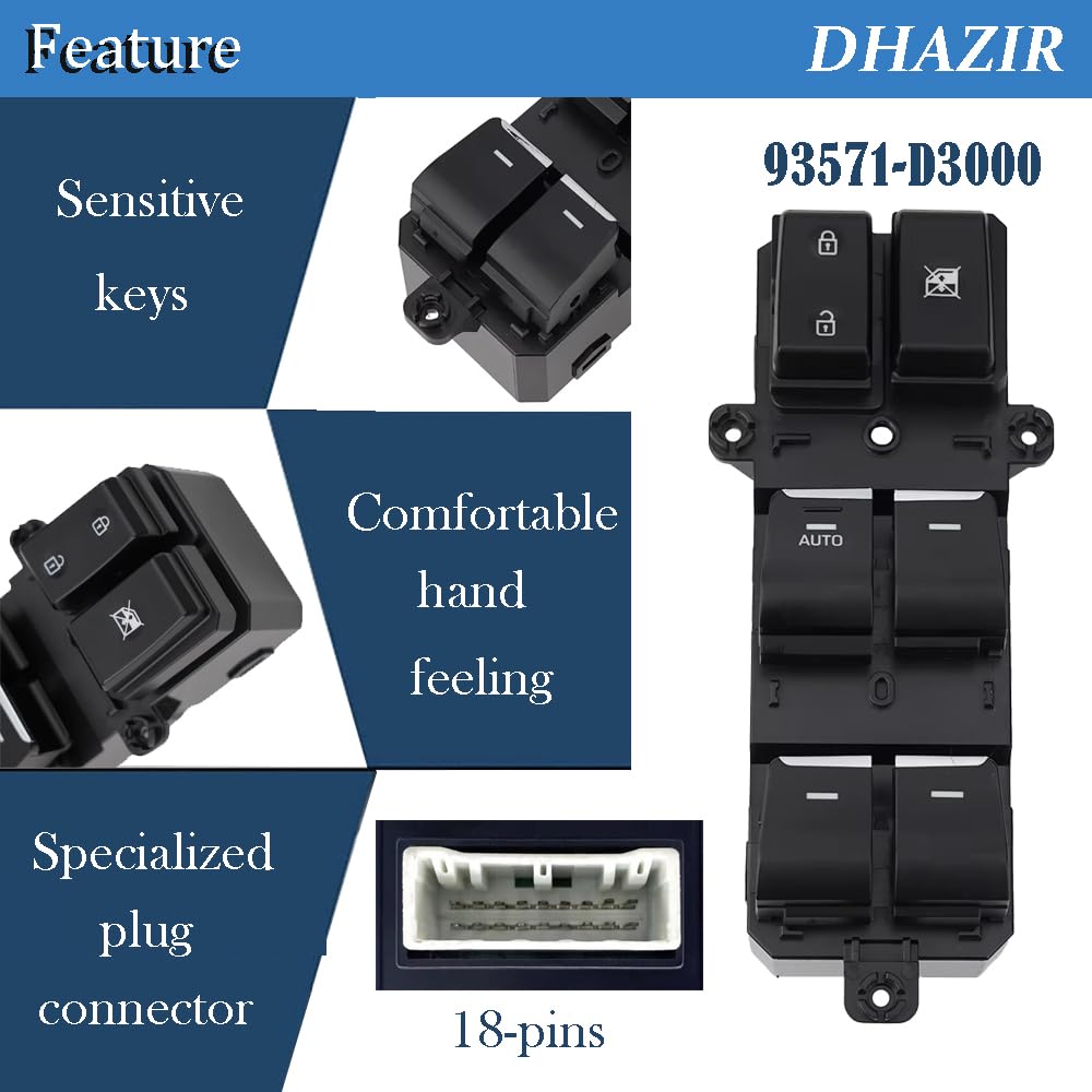 93571-D3000 Master Power Window Switch Front Driver Side 18Pins fit for Hyundai Tucson 2016 2017 2018 Replace 93570-D3000, 93571-D3040, 93571D3000,