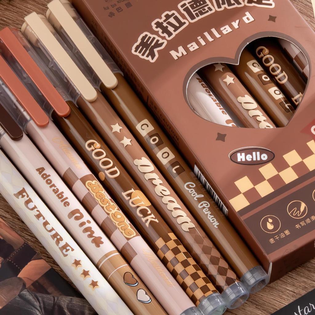 6ks Maillard sada gelových per, kávové tóny 0,5 mm kuličkové pero, černá barva, rychleschnoucí inkoust na psaní