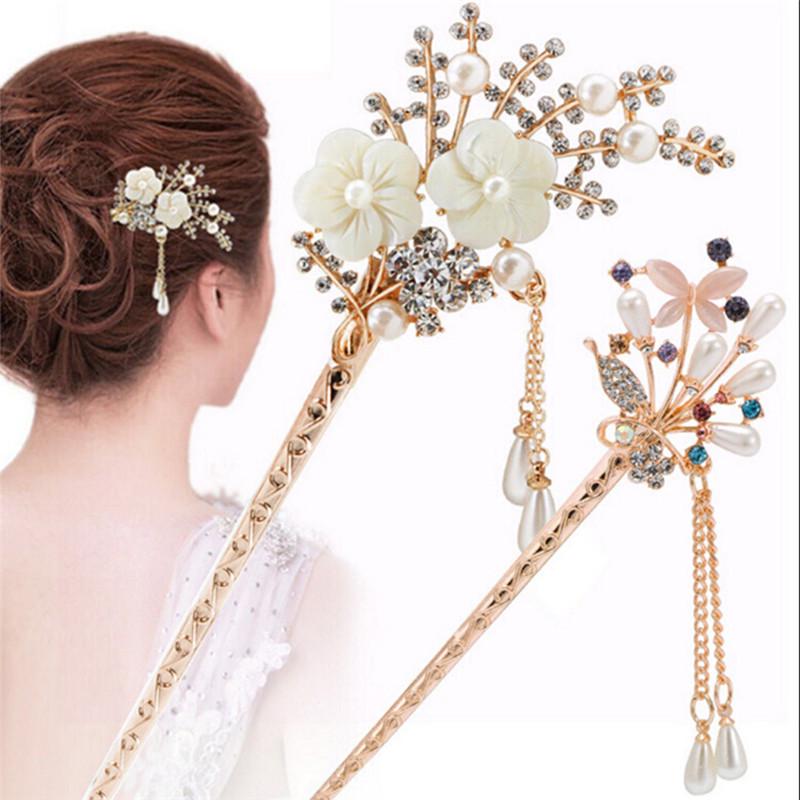 Women Elegant Wedding Gift Hair Pin Colorful Hairpin Rhinestone Hairstick Flower