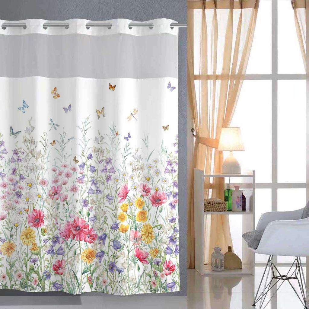 No Hook Floral and Butterfly Shower Curtain With Snap-in Fabric Liner, Sheer Top Window, Waterproof Double Layer Bathtub Curtain