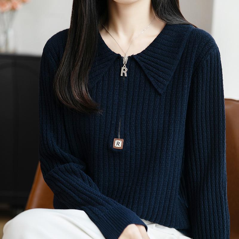 

DAFIFY Женская мода повседневная осень-зима однотонный принт длинный рукав поло воротник свитера Size: One Size тёмно-синий