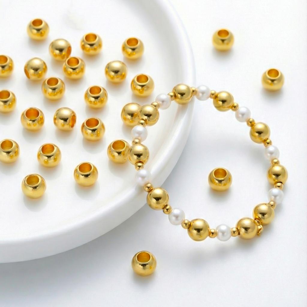10pcs 4 5 6mm 14K 18K Gold Plated Brass Round Bead Big Hole Spacer Beads For Jewelry Making DIY Bracelet Necklace Accessories