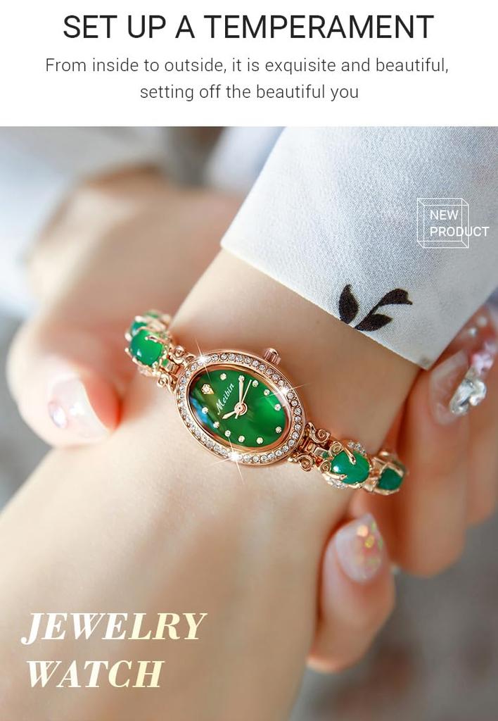 Watch with Green Quartz Small Rose Gold Watch for Women Women's Bracelet, Crystal, Cute, Stylish, Waterproof, Movement, Simple, Brand-Name,