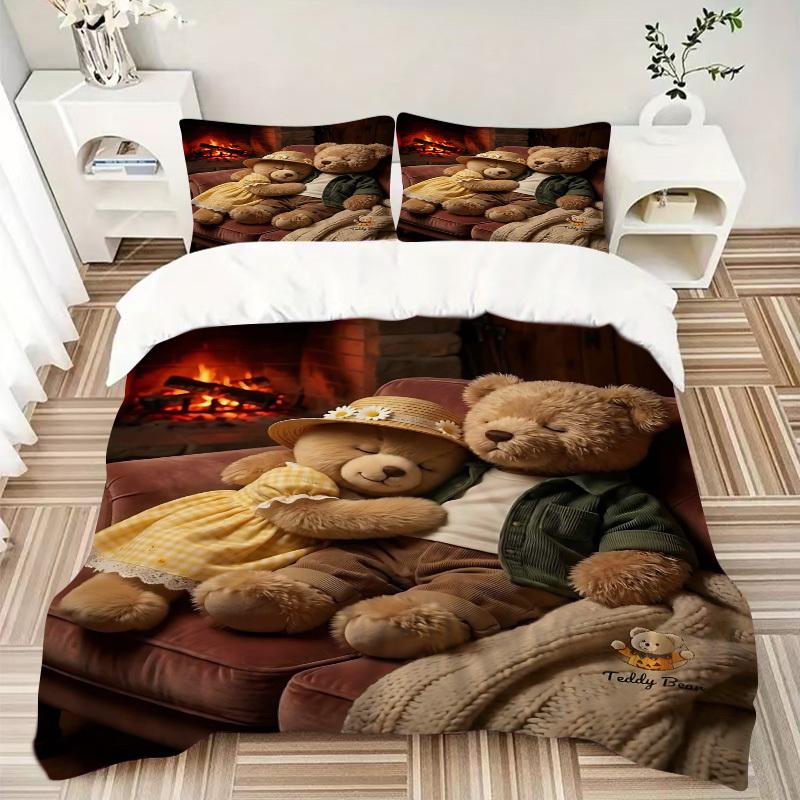 3pcs Teddy Bear Bedding Set - Includes One Quilt Cover and Two Pillowcases (No Core) - Perfect for Bedroom and Guest Room Decoration, Festiv