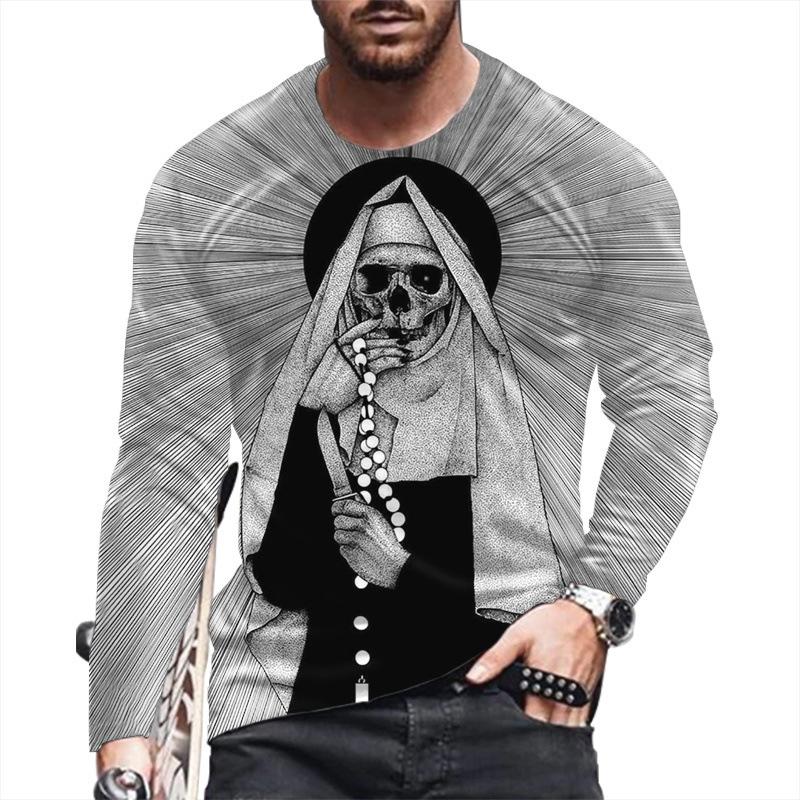 Autumn Winter Men's Christmas Pullover Long Sleeve Top Loose Fit Spring Skeleton Youth Men Round Neck Casual T-shirt