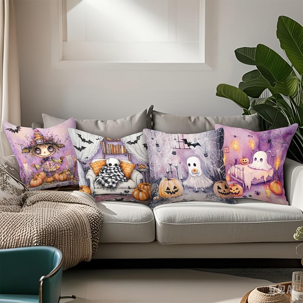 Heminredning Halloween-tema Spöke Och Pumpa Kuddfodral Mönster Kuddfodral Lämpligt För Soffa Sovrum Bil Kuddfodral