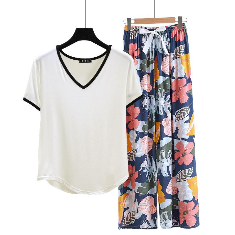 Modal Loungewear V-Neck color-block Tshirt and Floral Wide leg pants Summer Thin Pajamas sets Casual Plus size Homewear 2pcs suit Comfort clothing