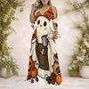 Women Plus Size V Neck Cold Shoulder Short Sleeve Halloween Pumpkin Floral Print Long Dress