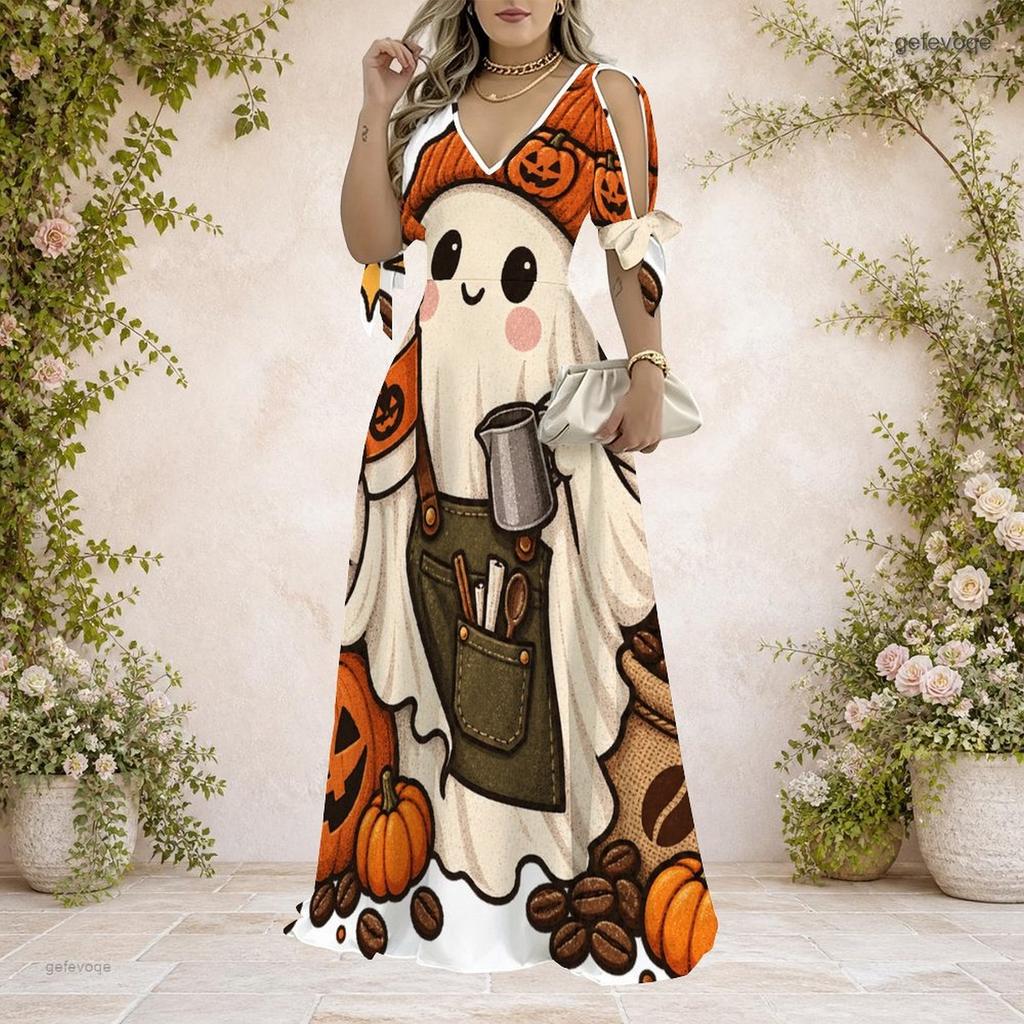Women Plus Size V Neck Cold Shoulder Short Sleeve Halloween Pumpkin Floral Print Long Dress