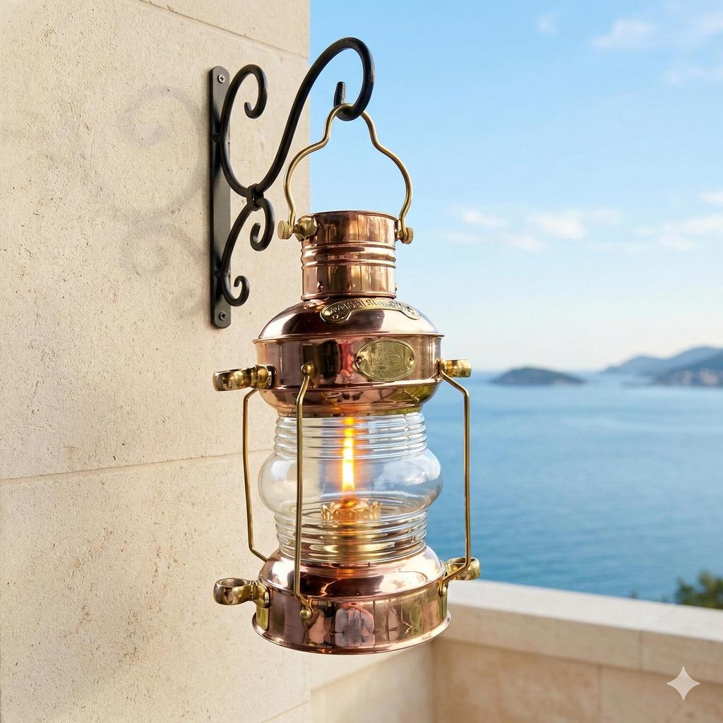 Vintage Brass Copper Anchor Ship Lantern Nautical Kerosene Lamp Maritime Coastal Decor Marine Collectible