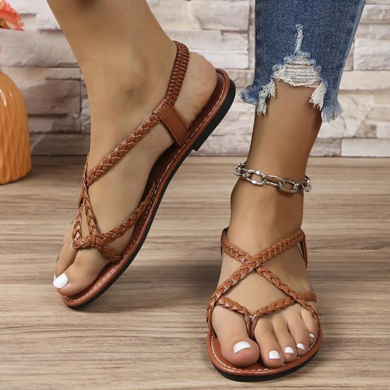 Mode Sommer Neuer Stil Mode Lässige Dünne Riemchensandalen Einfarbig Runde Zehe Leichtgewicht Flacher Absatz Zehenfrei Damen Schuhe