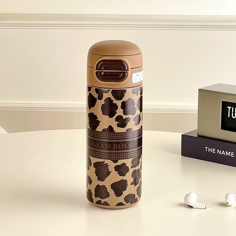 Fashion Leopard Print Double Drink Thermos Cup Girls Trend New Water Cup Portable Portable Stainless Steel Straw Cup Gifts