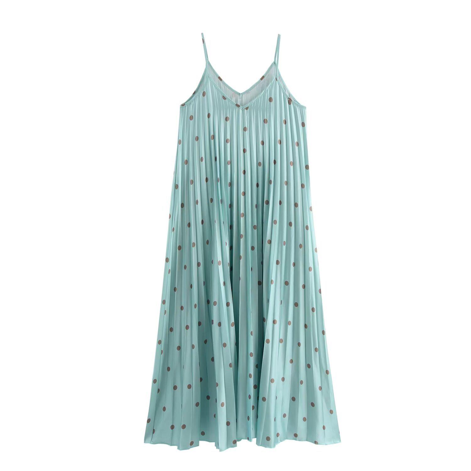 

2025 Spring/Summer Polka Dot Spaghetti Strap Pleated Maxi Dress Medium