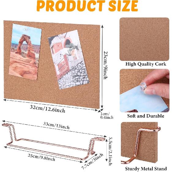 12.6 x 9 Inch Small Desktop Cork Board with Stand Rose Gold Bulletin Memo Message Picture Double Sided Pin Board for Office School Home with Binder