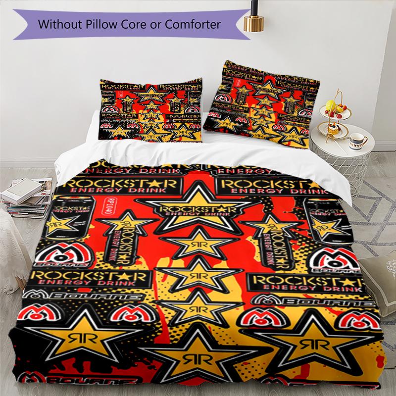 3pcs Rockstar logo pattern bedding set duvet cover set includes duvet cover &pillowcases, perfect all season bedroom decoration & gift