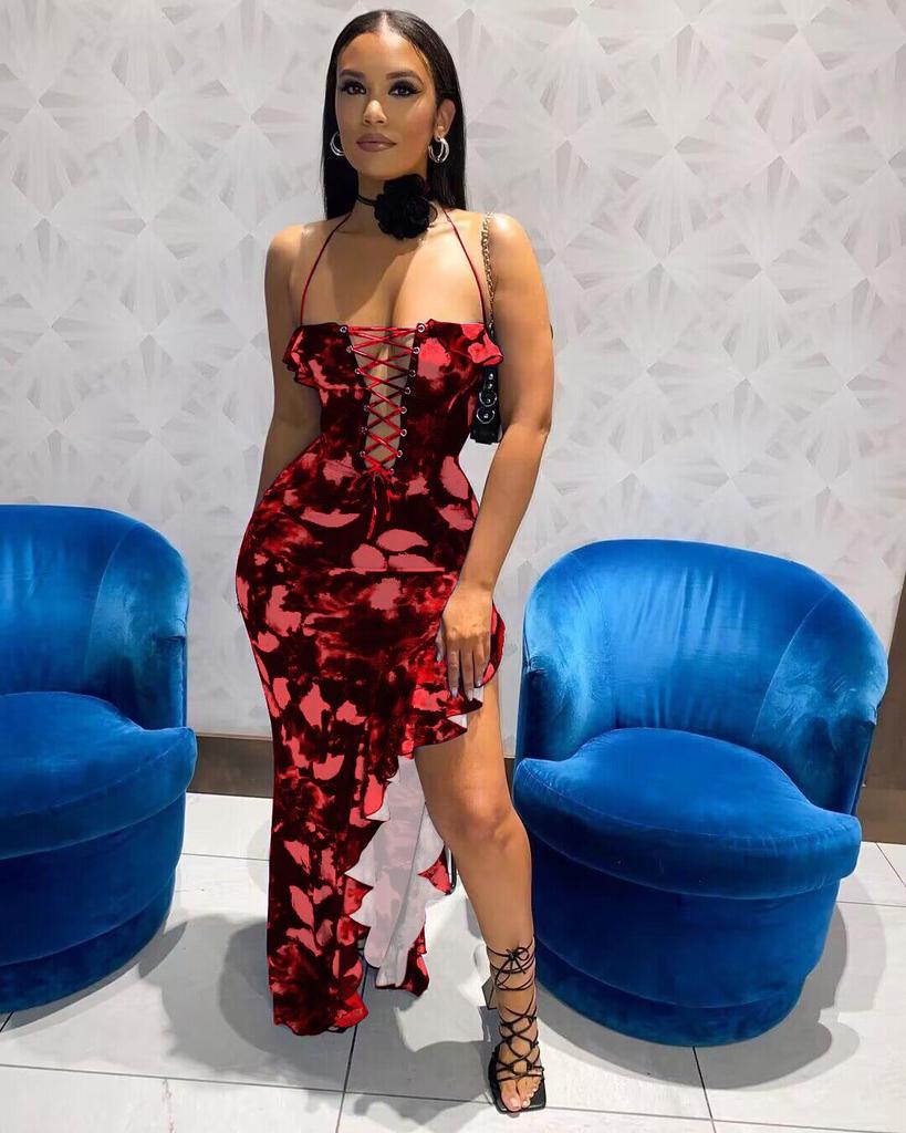 Women's Summer 2025 Backless Lace-up Slit Printed Dress - New Fashion Arrival