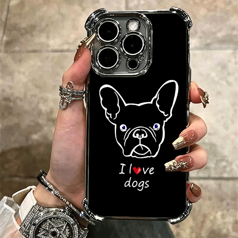 French Bulldog Black Desgin Plating Phone Case For Iphone 16 17 Pro Max Air 16E 14 15 Plus 12 13 Mini Anti-Fall Airabag Cover