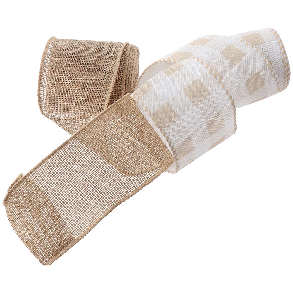 4 Rolls Burlap Wired Ribbons 2.5 inch Polyester Ribbons Farmhouse Ribbon  Thanksgiving