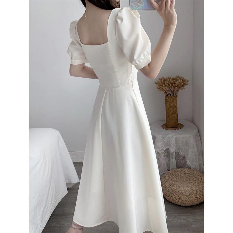 White Hepburn-Inspired Bubble Sleeve Square Neck Summer Dress for Women