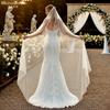 Perlenbesetzter Kathedral-Tüll-Brautschleier mit Metallkamm, Durchsichtiger Schleier mit verstreuten Perlen für rückenfreies Meerjungfrauenkleid, Outdoor-Elopement-Fotoshooting