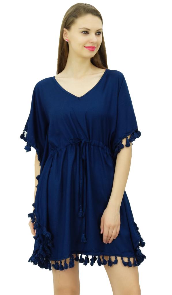Bimba Women's V Neck Tassel Kaftan Short Rayon Caftan Designer Beachwear Coverup